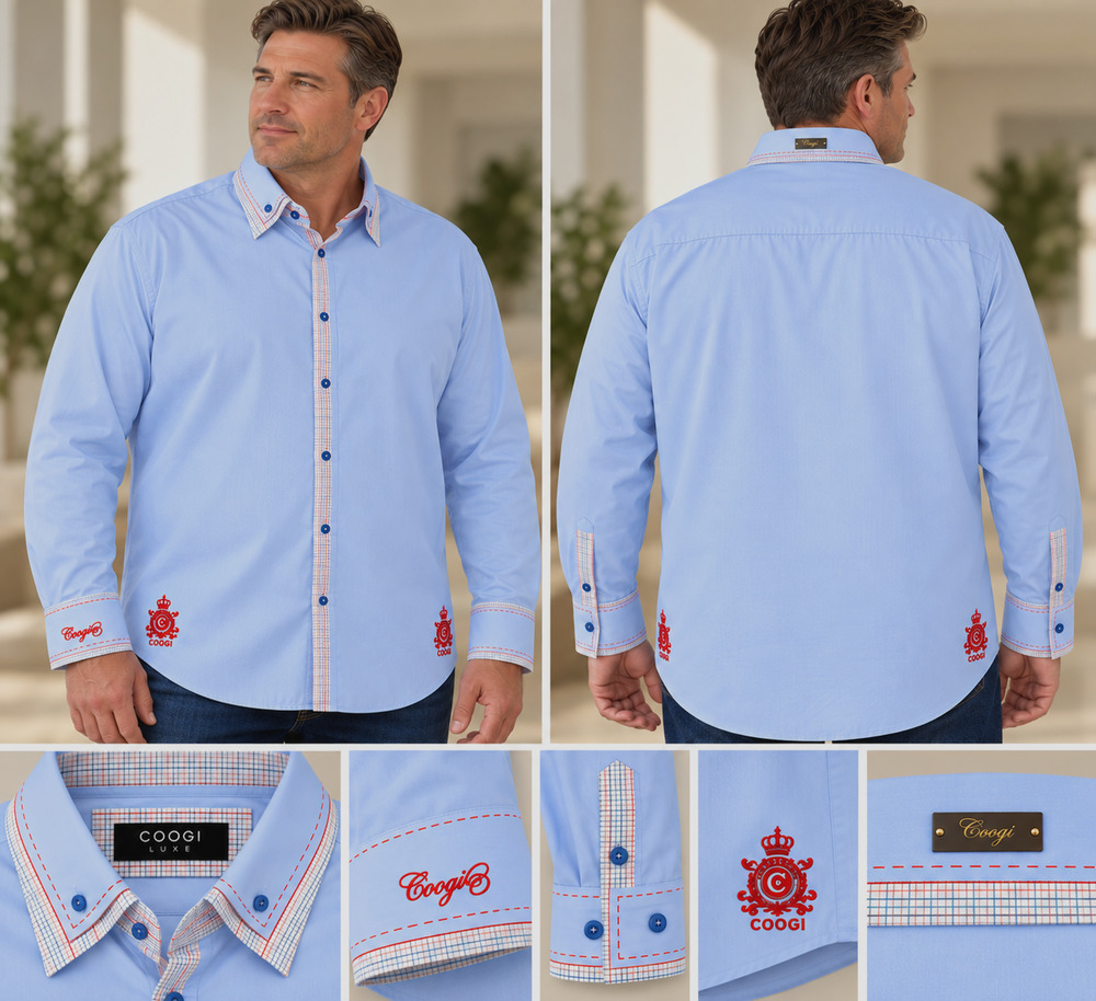 NWT Coogi Luxe Men’s 2XL Blue Button Down Long Sleeve Shirt Embroidered Logo